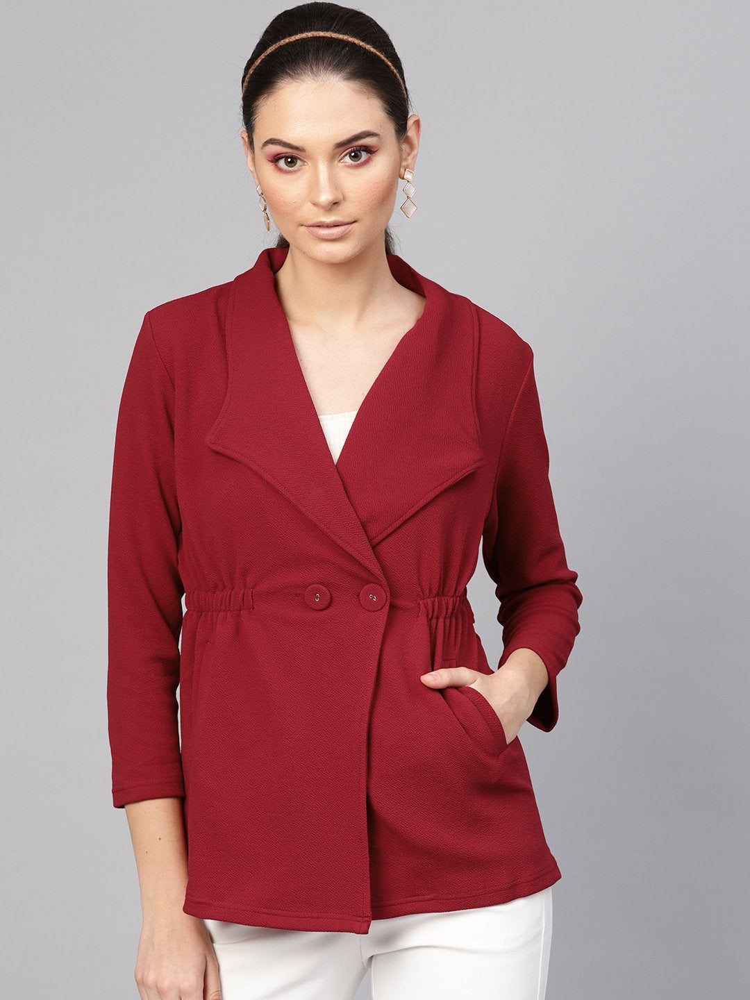 Women's Maroon Side Elastic Blazer - SASSAFRAS