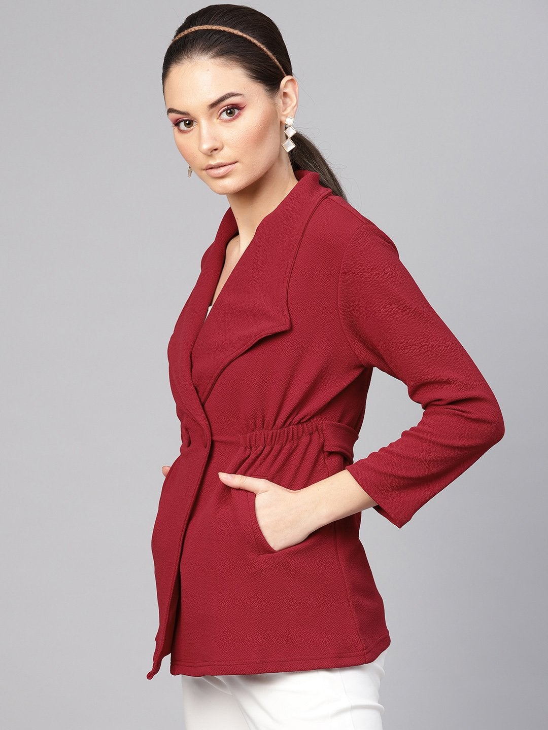 Women's Maroon Side Elastic Blazer - SASSAFRAS