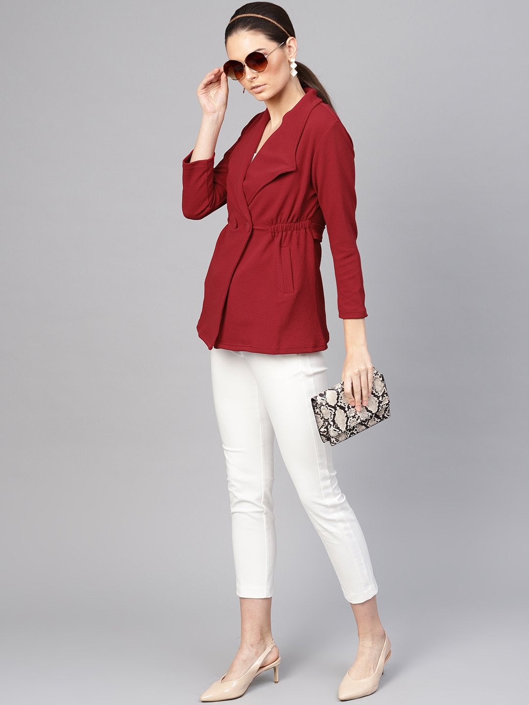 Women's Maroon Side Elastic Blazer - SASSAFRAS