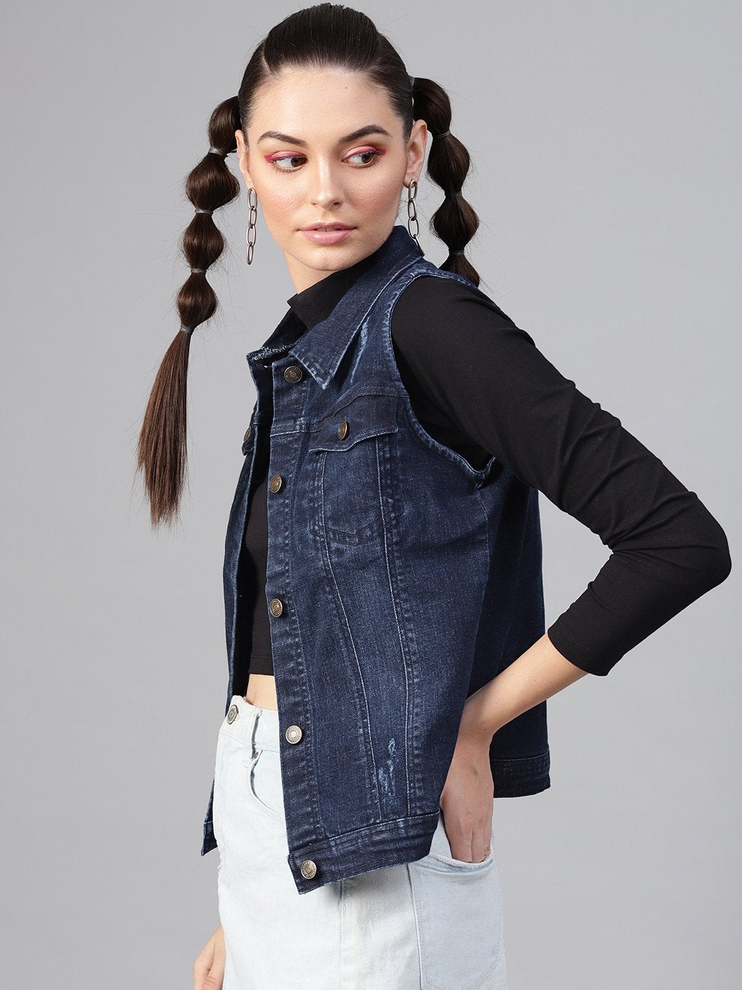 Women's Navy Denim Distressed Waistcoat - SASSAFRAS