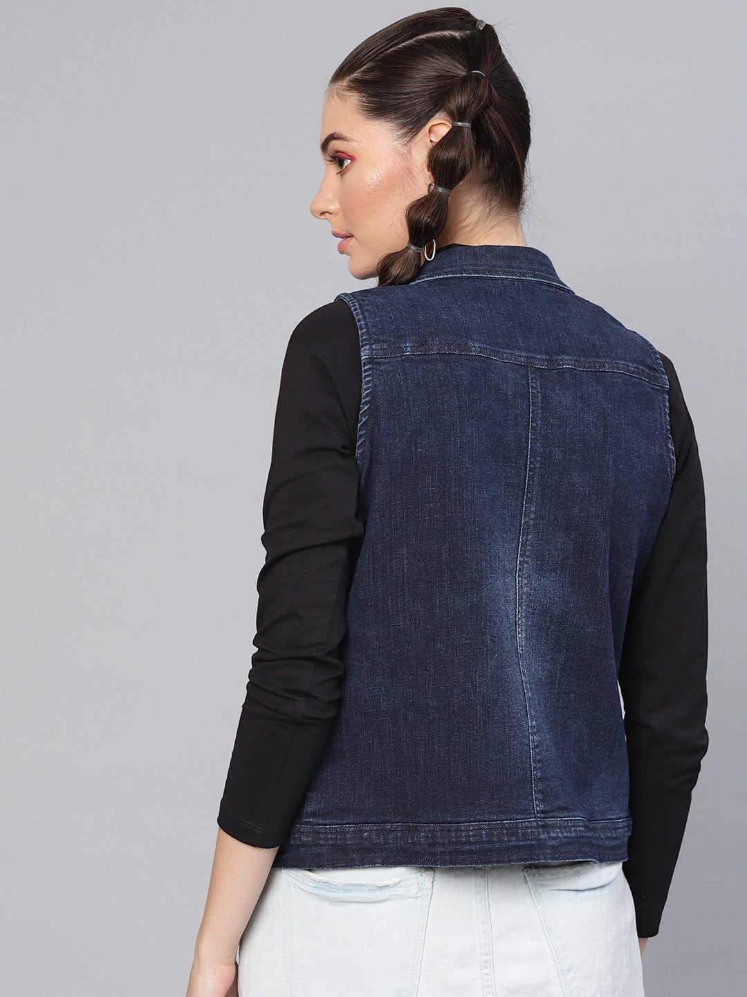 Women's Navy Denim Distressed Waistcoat - SASSAFRAS