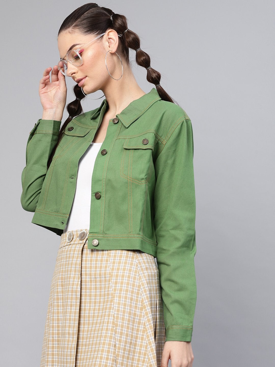 Women's Olive Denim Crop Jacket - SASSAFRAS