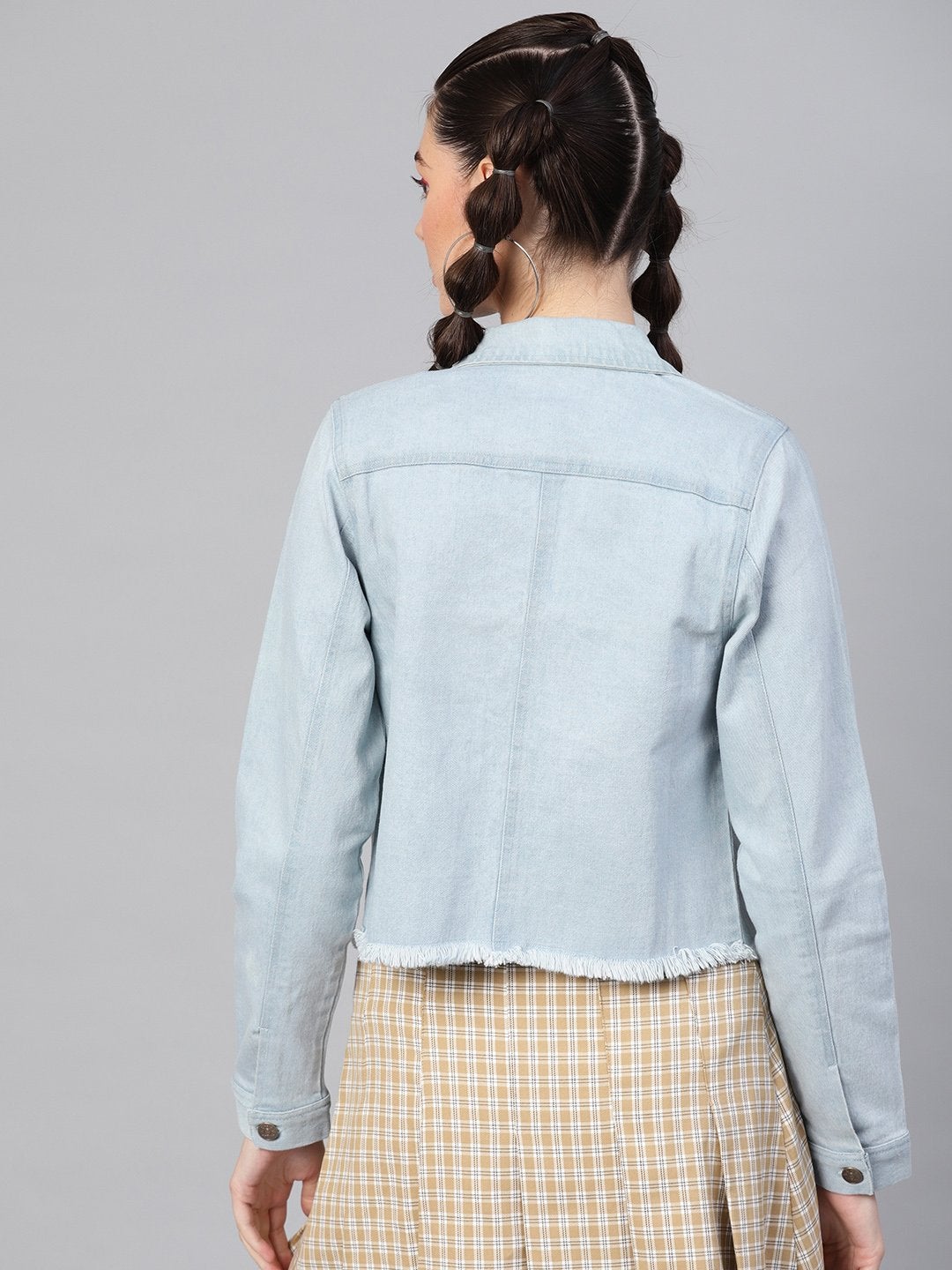 Women's Light Blue Denim Raw Edge Crop Jacket - SASSAFRAS