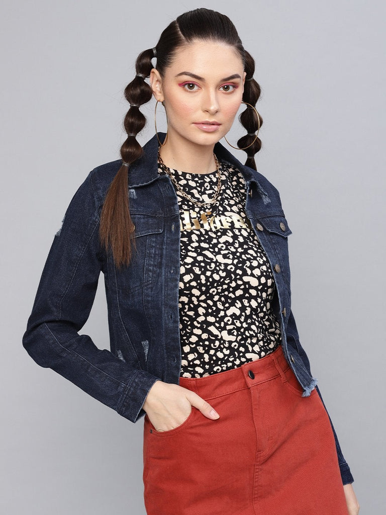 Women's Dark Blue Denim Distressed Jacket