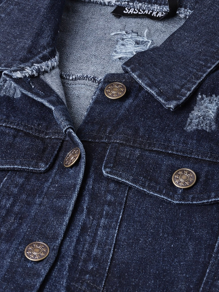 Women's Dark Blue Denim Distressed Jacket