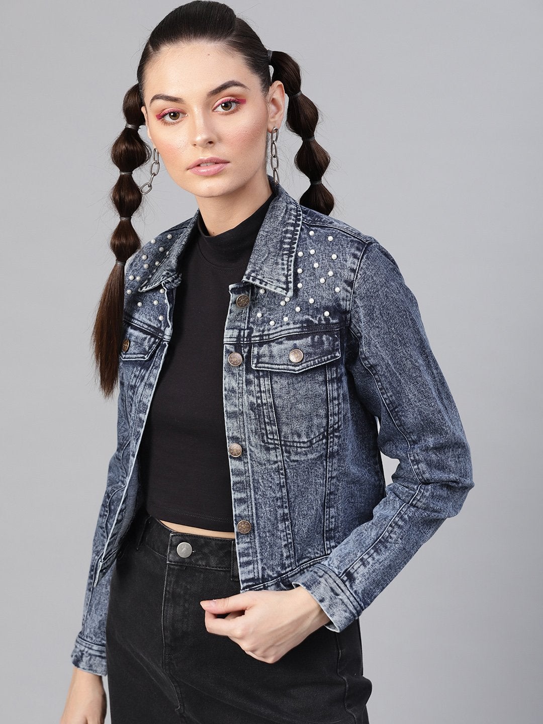 Women's Blue Denim Pearl Studded Jacket - SASSAFRAS