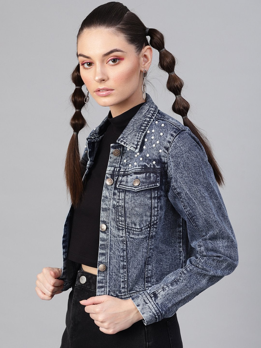 Women's Blue Denim Pearl Studded Jacket - SASSAFRAS