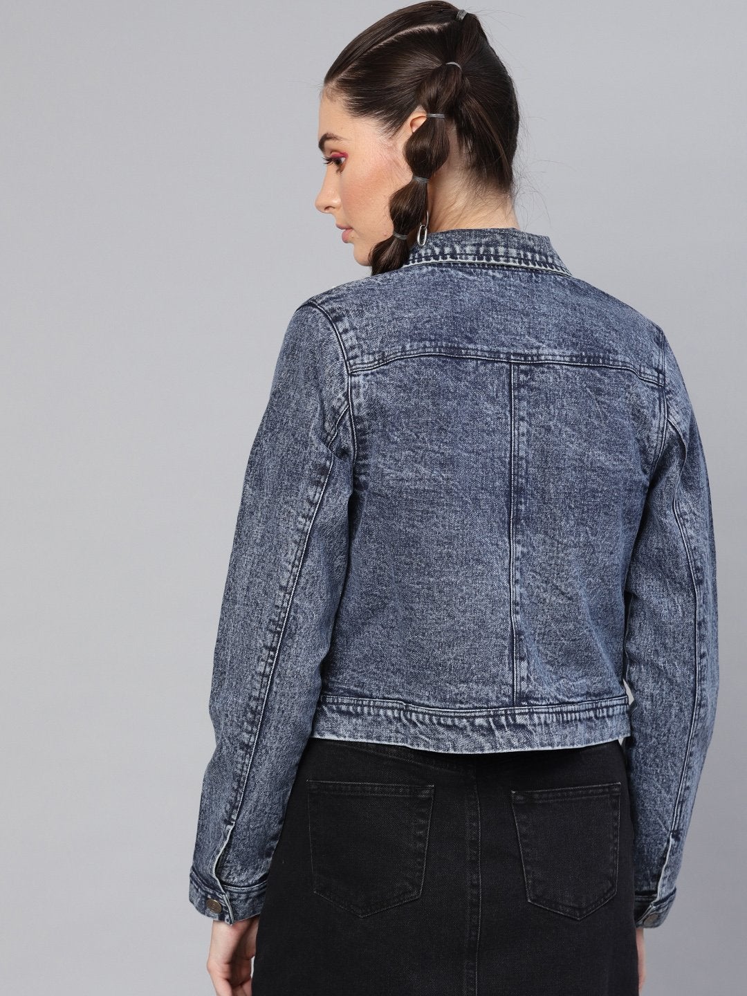 Women's Blue Denim Pearl Studded Jacket - SASSAFRAS