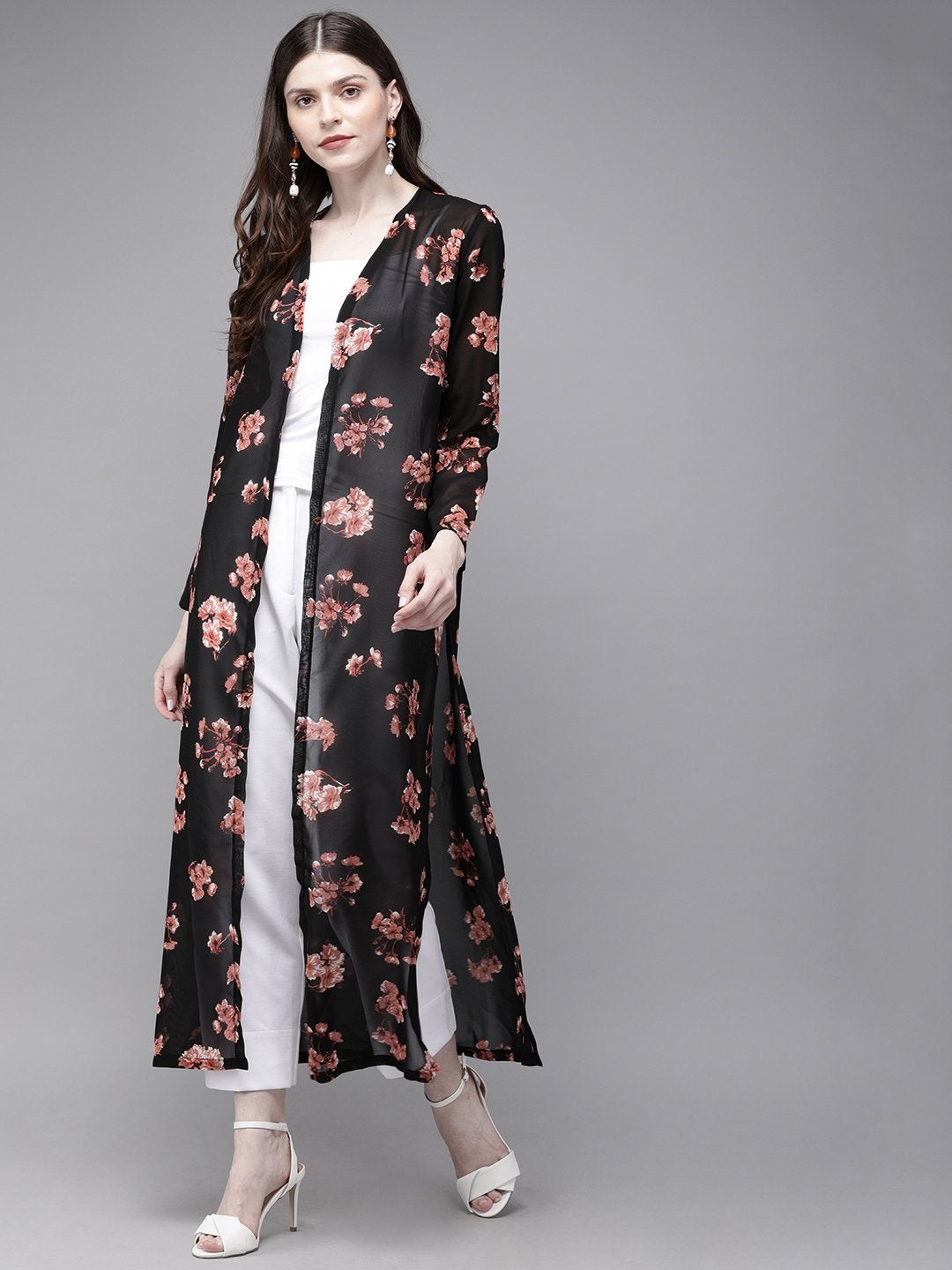 Women's Black Floral Longline Kimono Shrug - SASSAFRAS