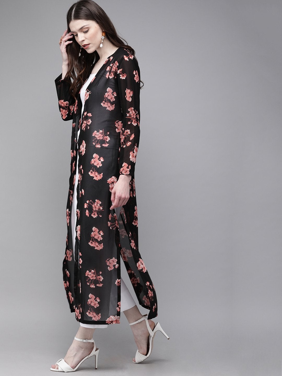 Women's Black Floral Longline Kimono Shrug - SASSAFRAS