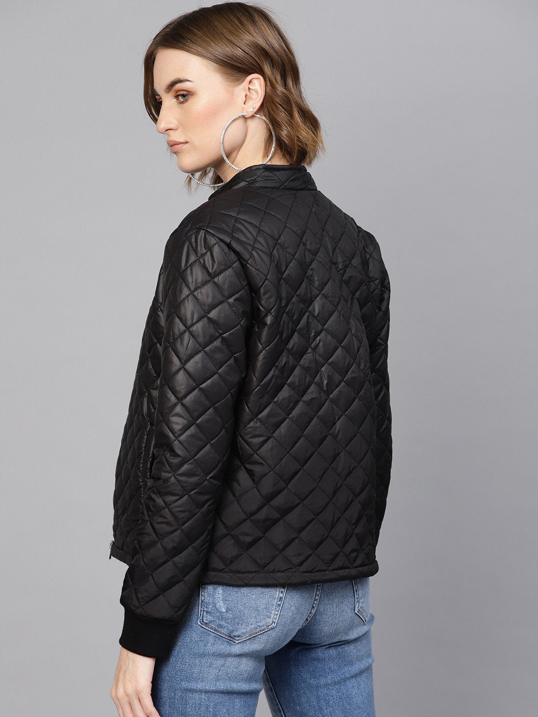 Women's Black Quilted Jacket With Zip On Sleeves - SASSAFRAS