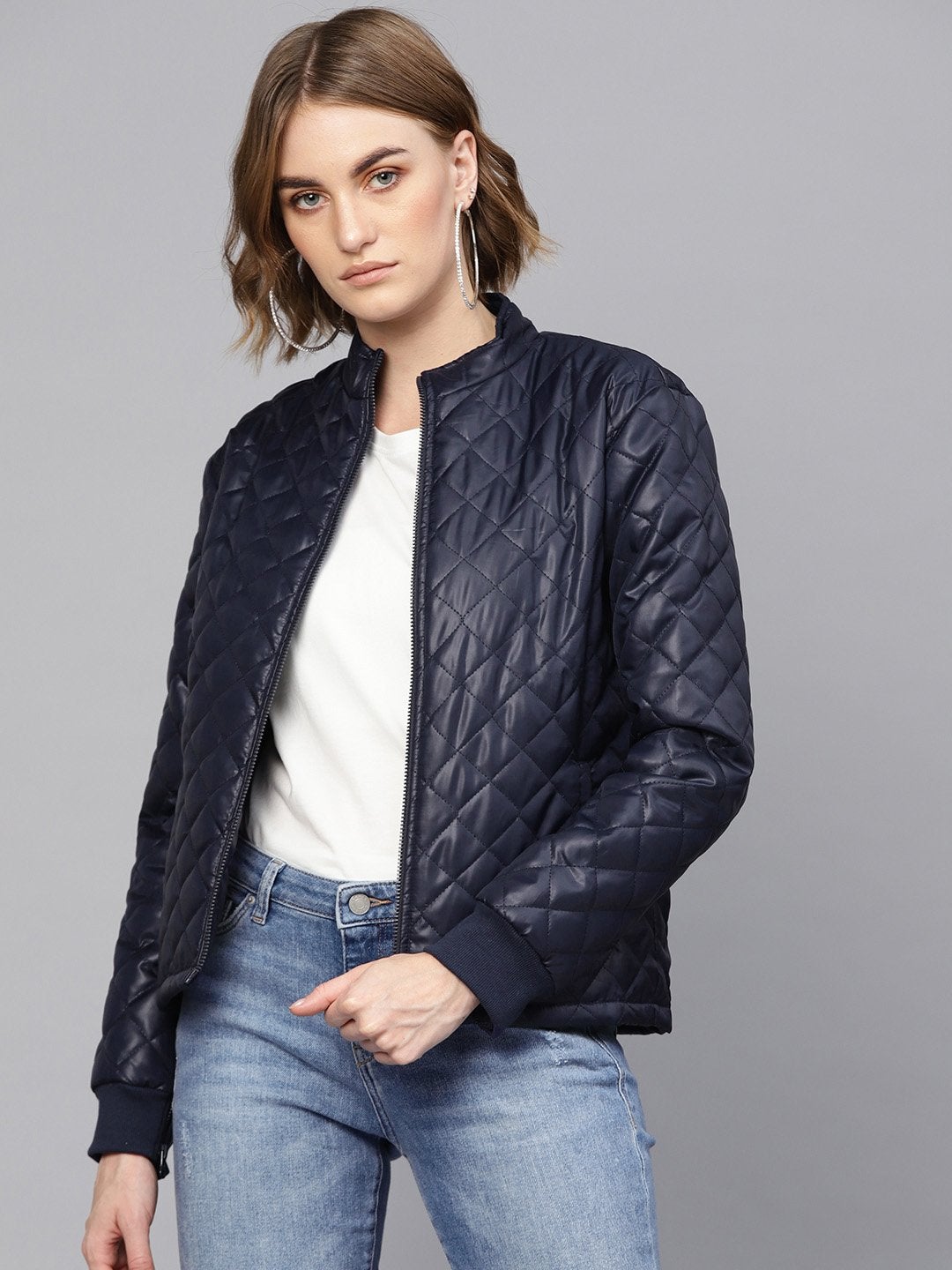 Women's Navy Quilted Jacket With Zip Sleeves - SASSAFRAS