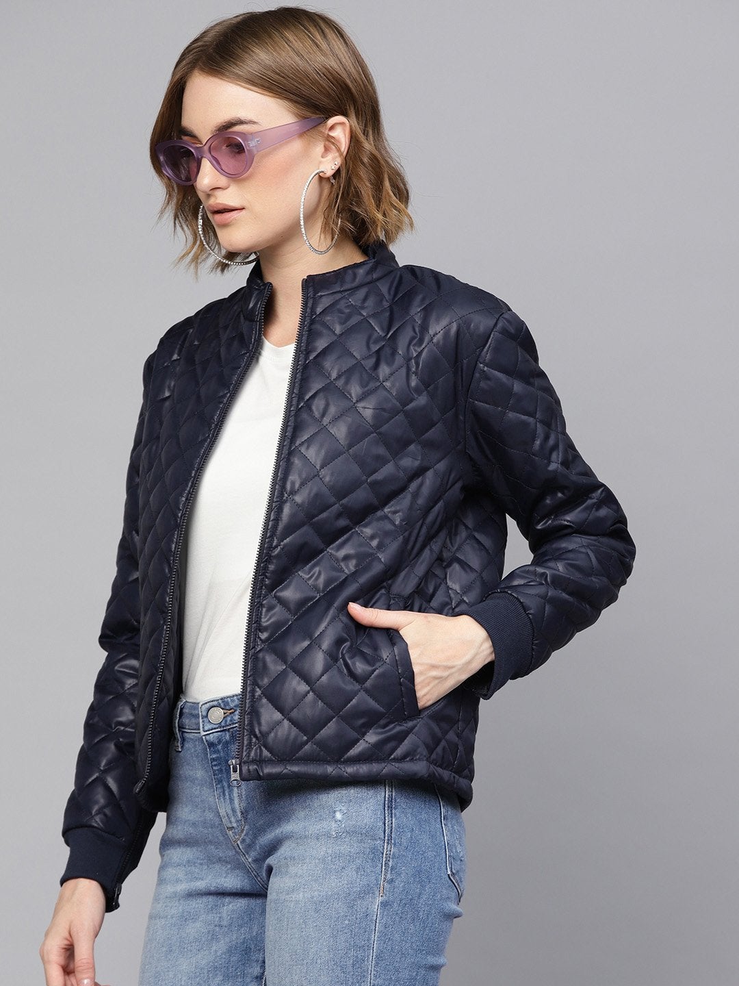 Women's Navy Quilted Jacket With Zip Sleeves - SASSAFRAS