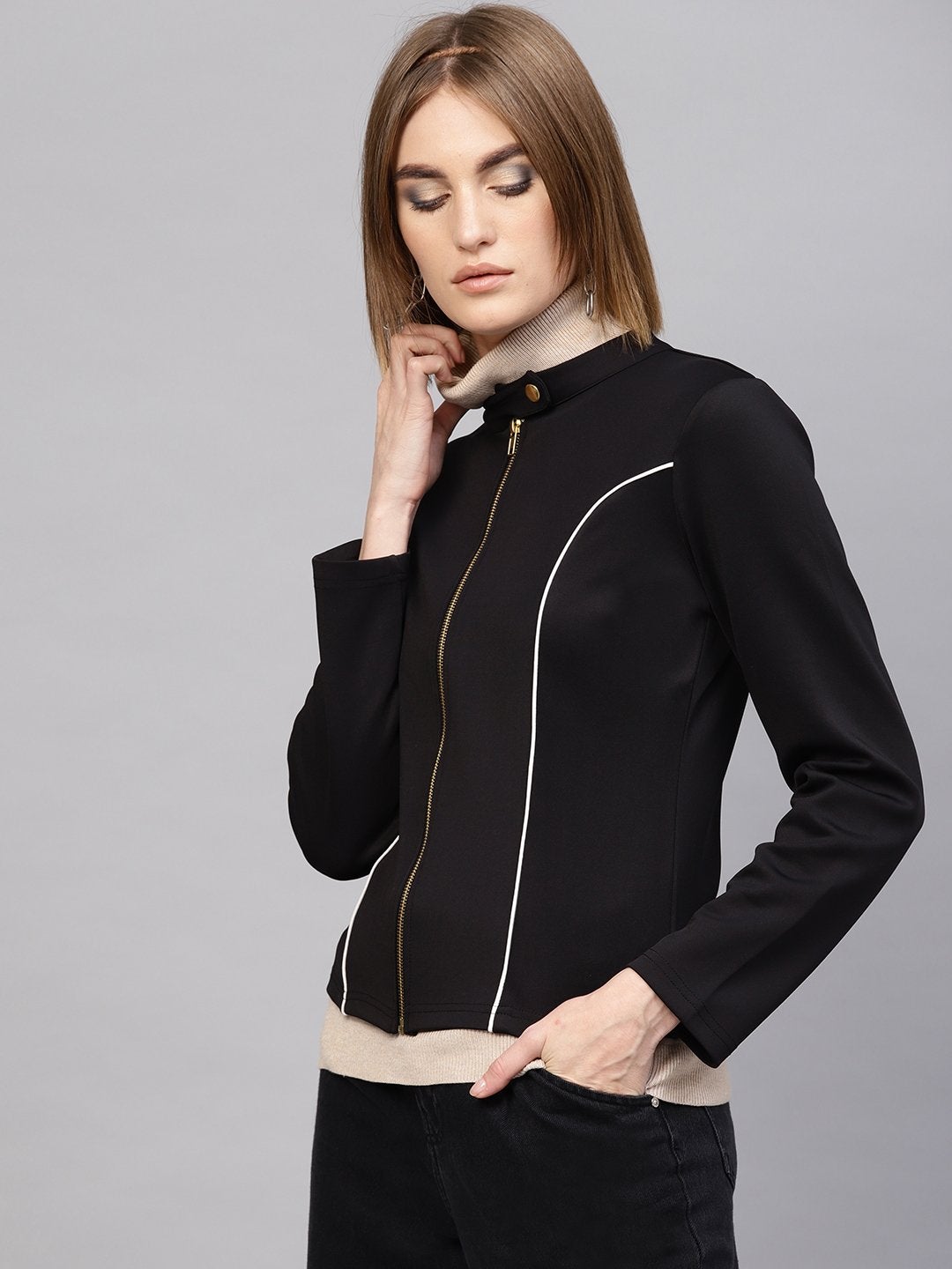 Women's Black Scuba Contrast Piping Jacket - SASSAFRAS