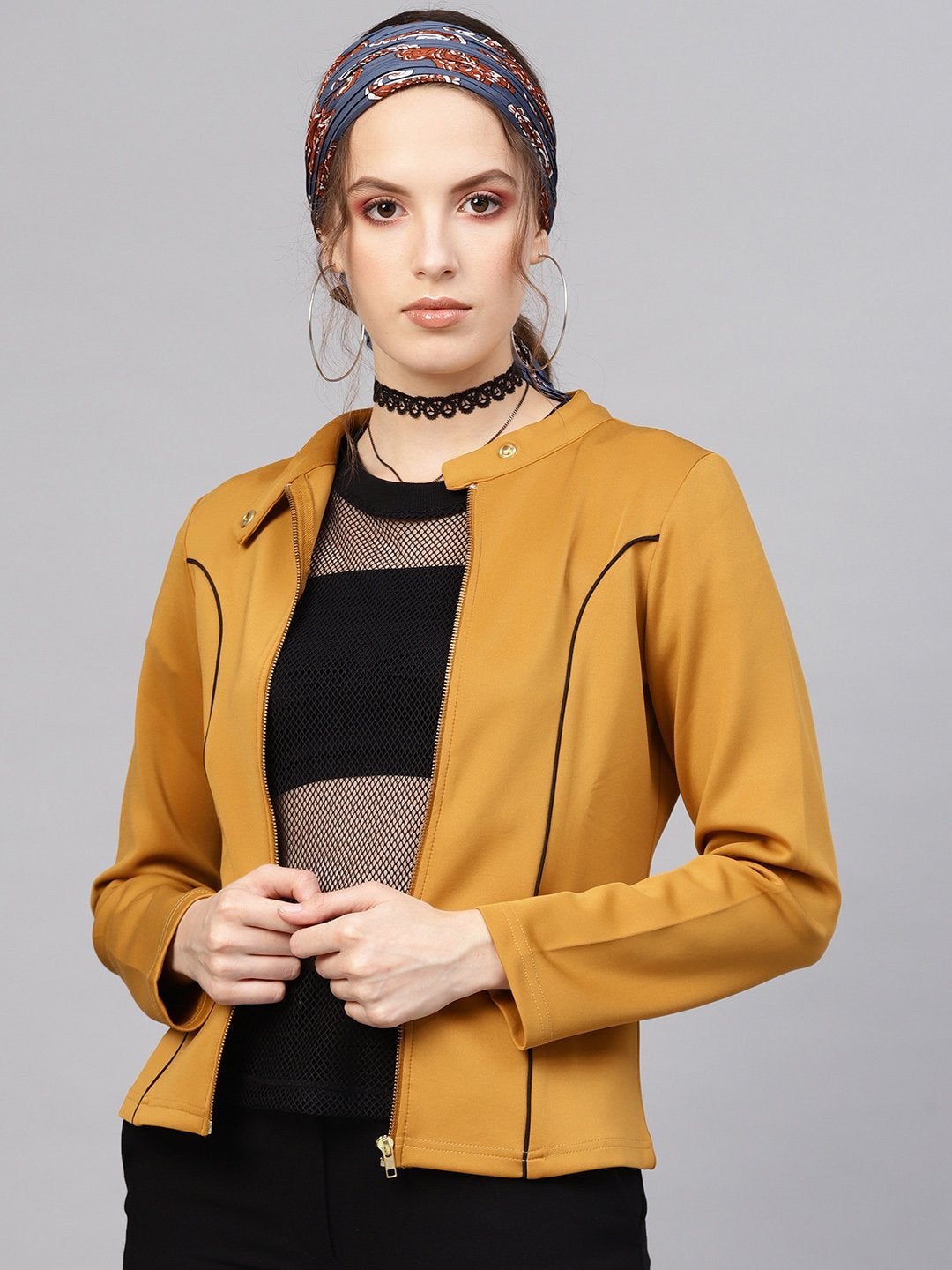 Women's Mustard Scuba Contrast Piping Jacket - SASSAFRAS