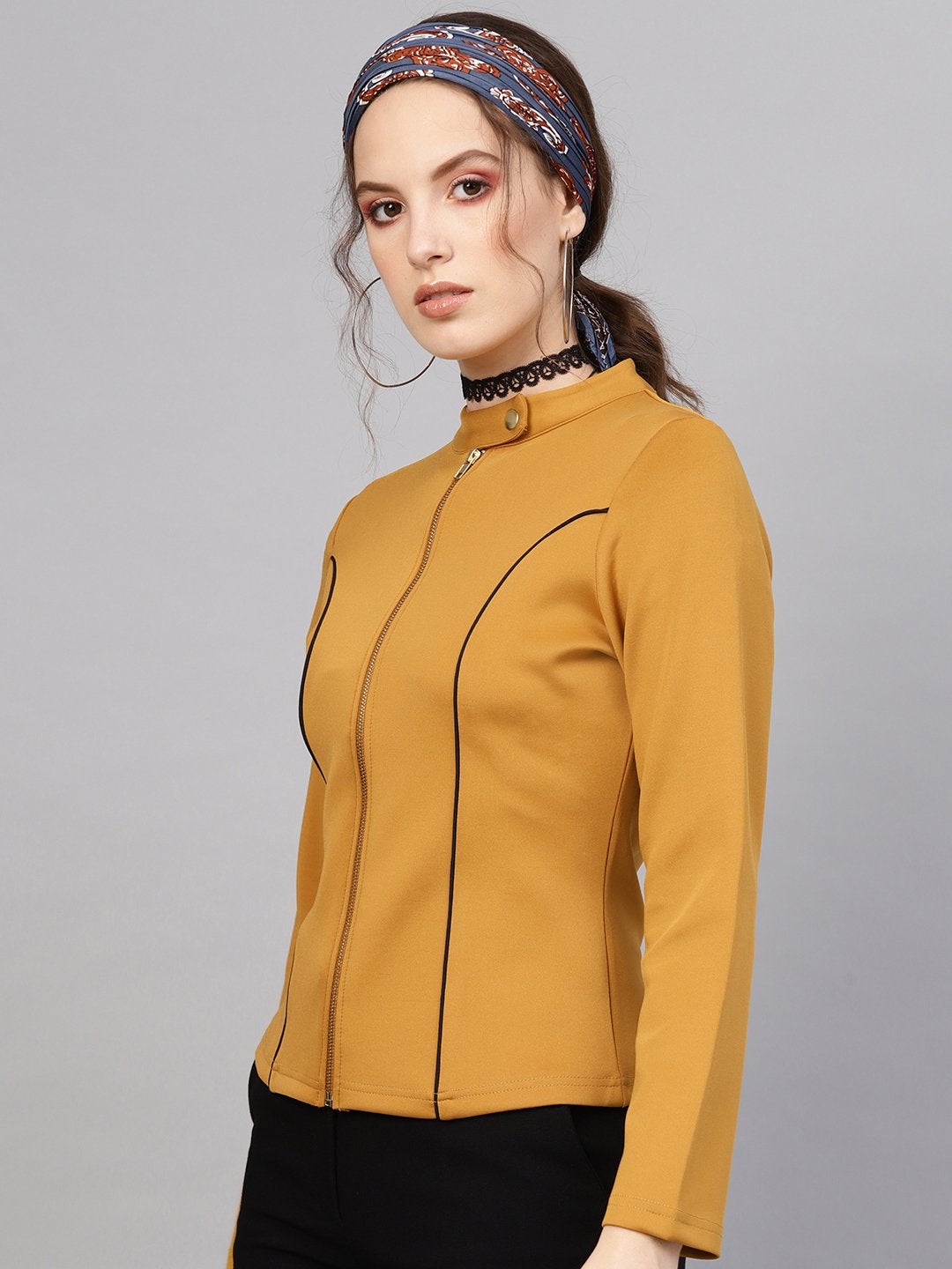 Women's Mustard Scuba Contrast Piping Jacket - SASSAFRAS