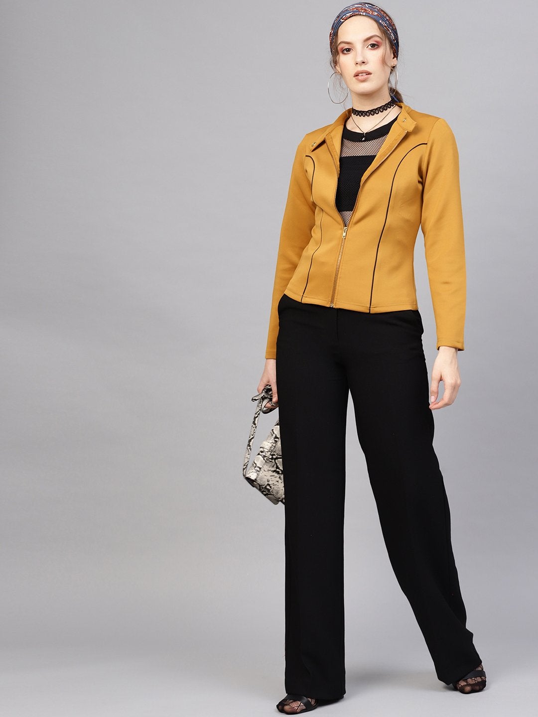 Women's Mustard Scuba Contrast Piping Jacket - SASSAFRAS