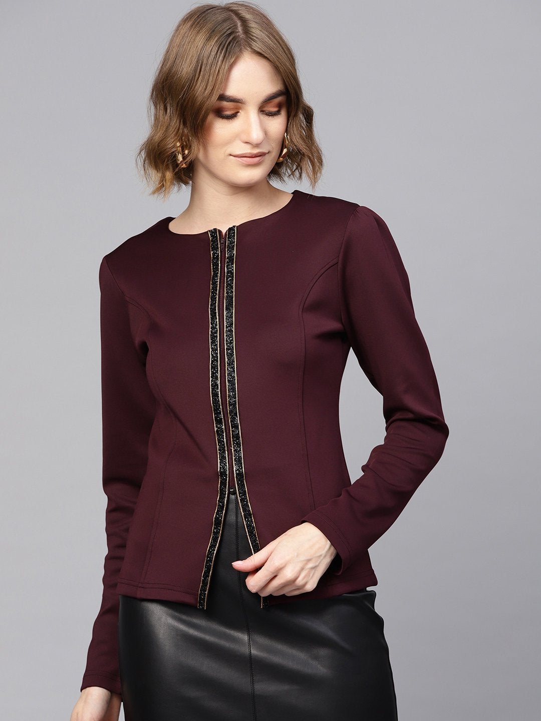 Women's Burgundy Scuba Blingy Tape Slim Fit Blazer - SASSAFRAS