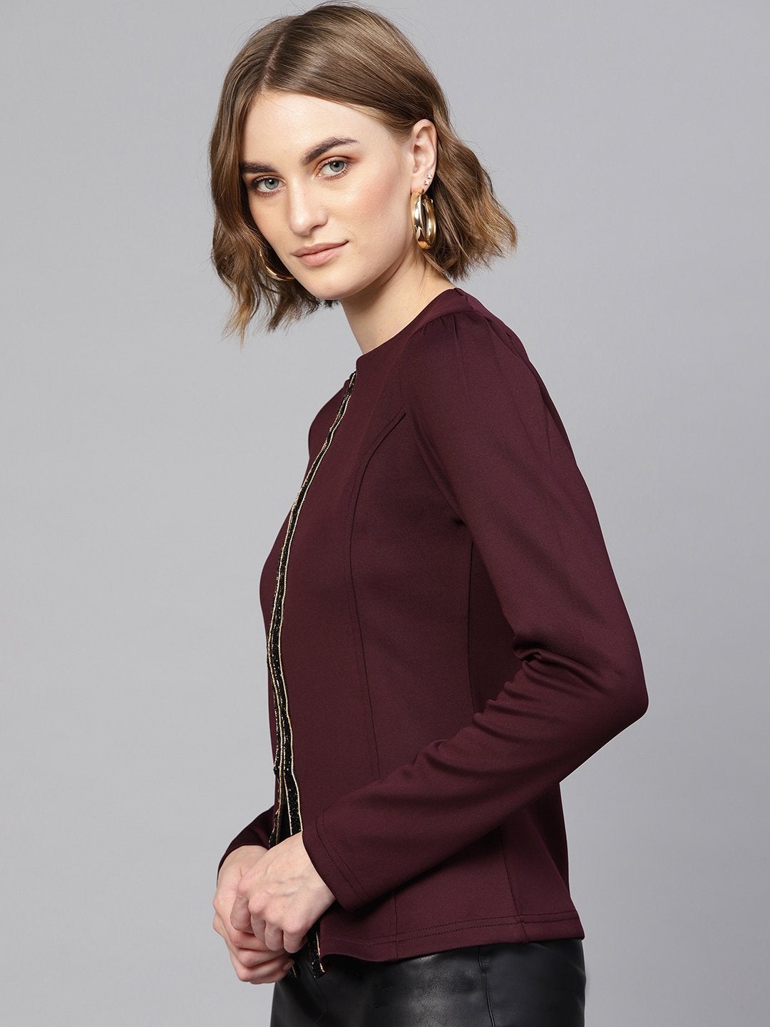 Women's Burgundy Scuba Blingy Tape Slim Fit Blazer - SASSAFRAS