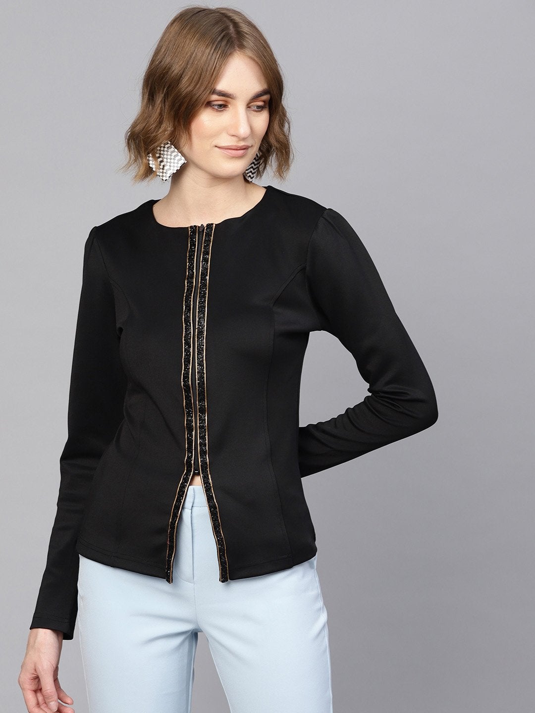 Women's Black Scuba Blingy Tape Slim Fit Blazer - SASSAFRAS