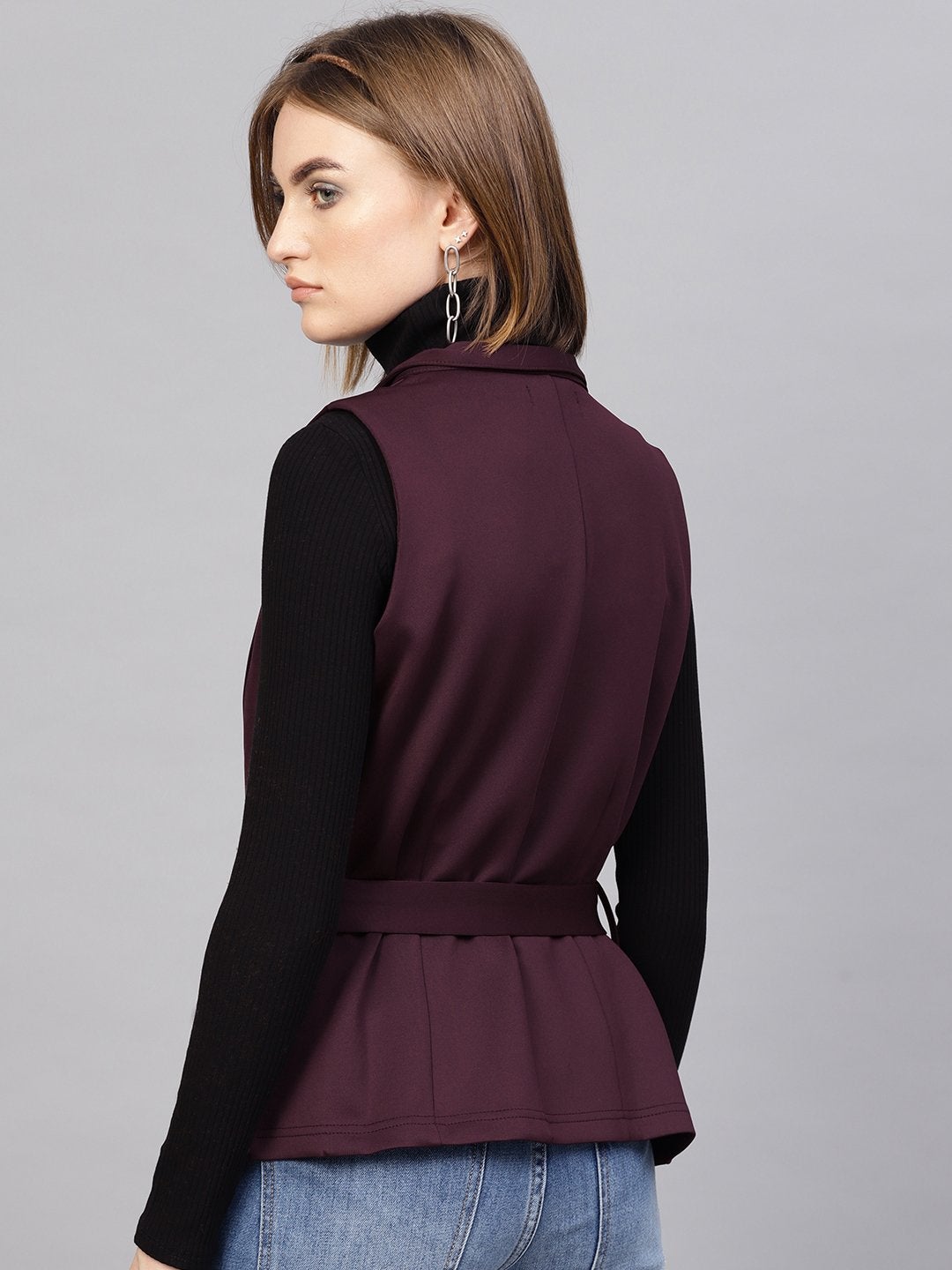 Women's Burgundy Scuba Sleeveless Belted Jacket - SASSAFRAS