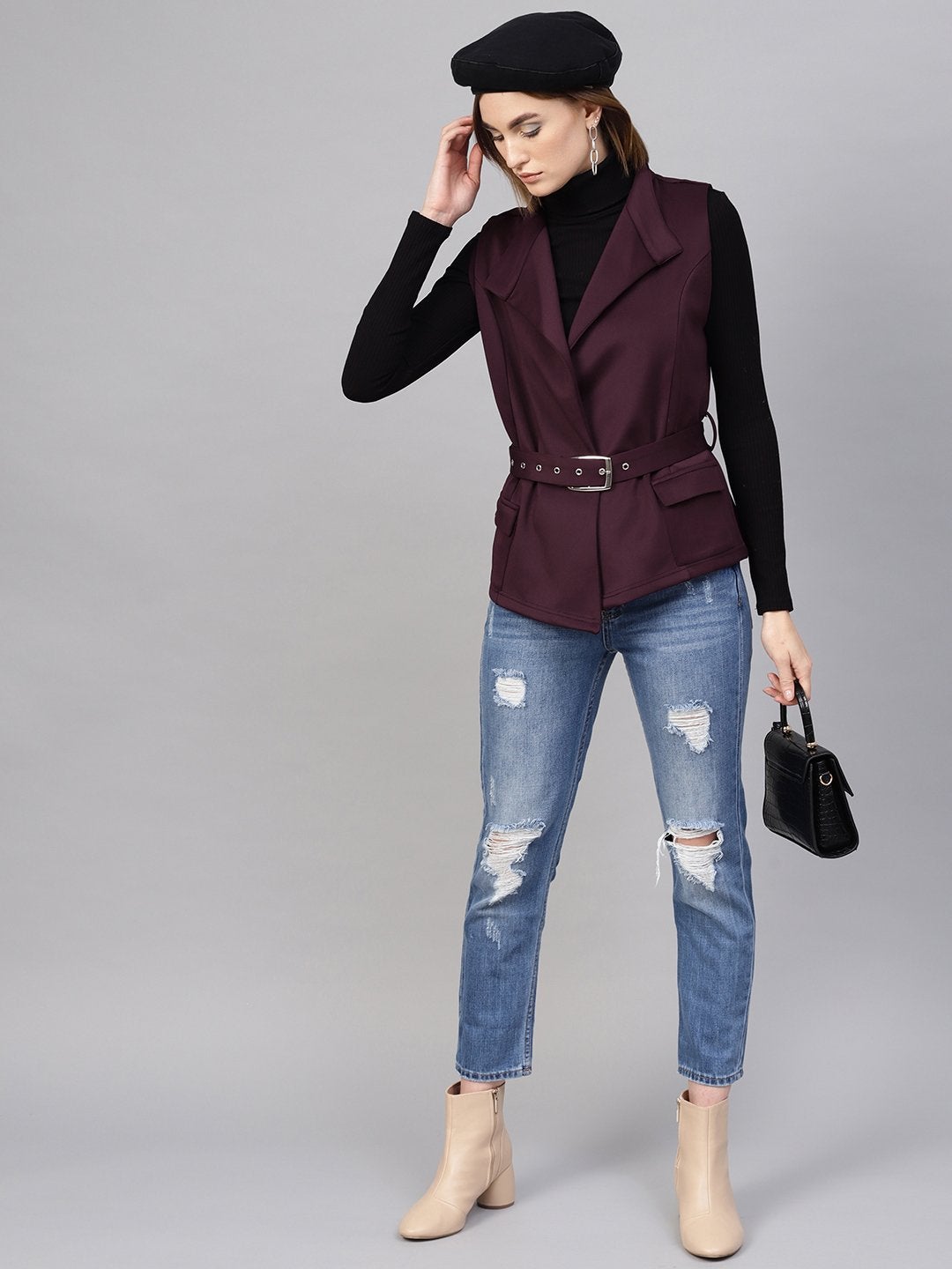 Women's Burgundy Scuba Sleeveless Belted Jacket - SASSAFRAS