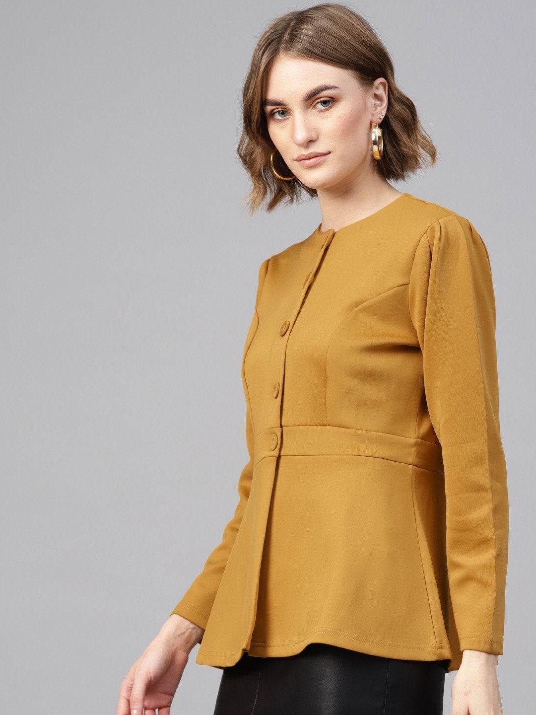 Women's Mustard Scuba Double-Breast Peplum Coat - SASSAFRAS