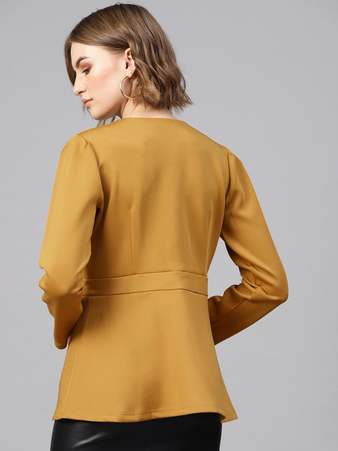 Women's Mustard Scuba Double-Breast Peplum Coat - SASSAFRAS