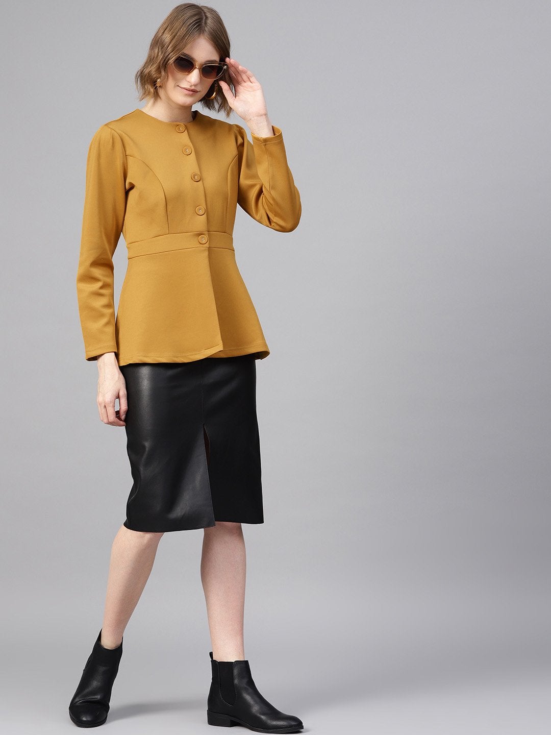 Women's Mustard Scuba Double-Breast Peplum Coat - SASSAFRAS