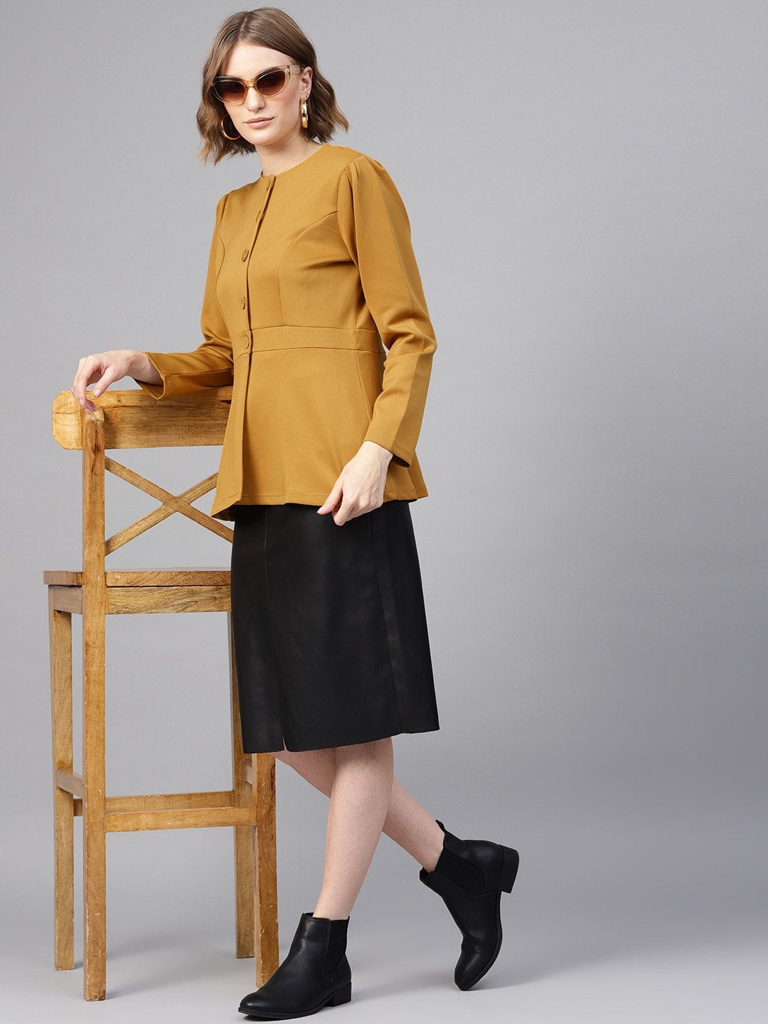 Women's Mustard Scuba Double-Breast Peplum Coat - SASSAFRAS