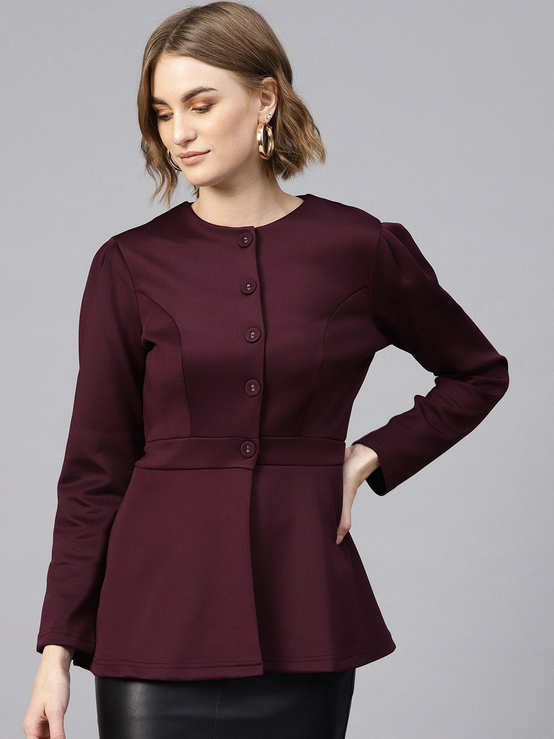 Women's Burgundy Scuba Double-Breast Peplum Coat - SASSAFRAS