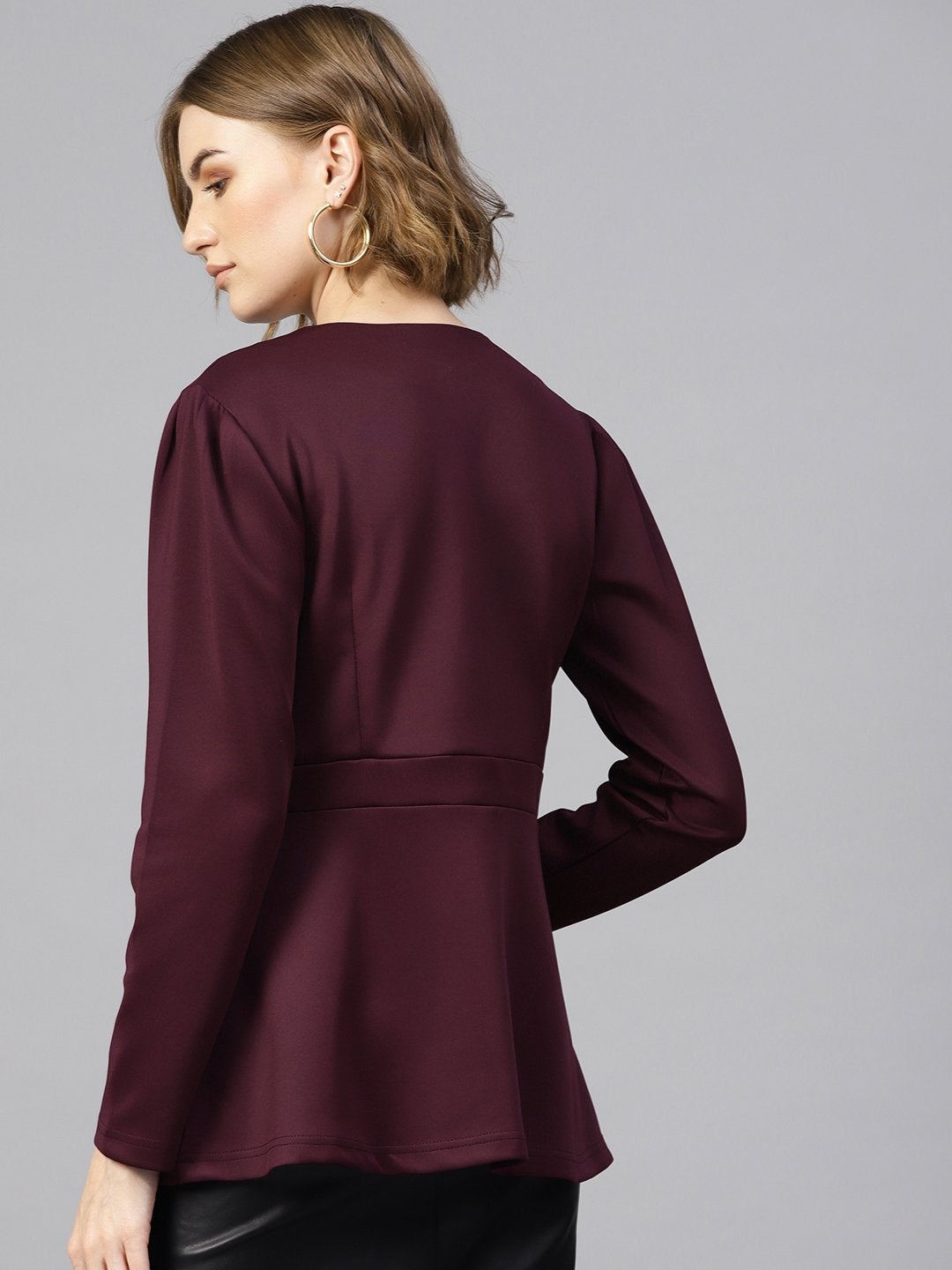 Women's Burgundy Scuba Double-Breast Peplum Coat - SASSAFRAS