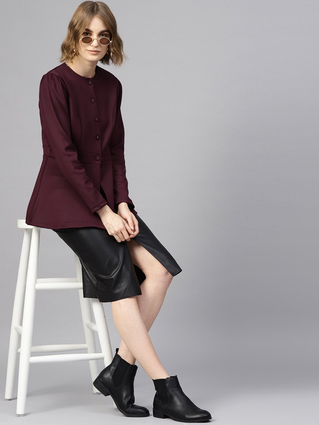 Women's Burgundy Scuba Double-Breast Peplum Coat - SASSAFRAS