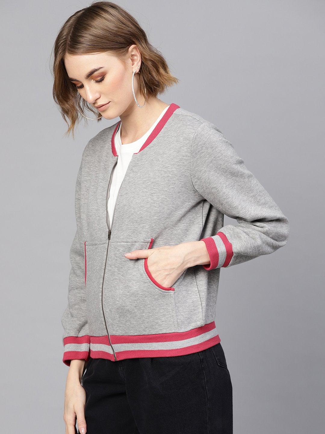 Women's Grey Kangaroo Pocket Bomber Jacket - SASSAFRAS