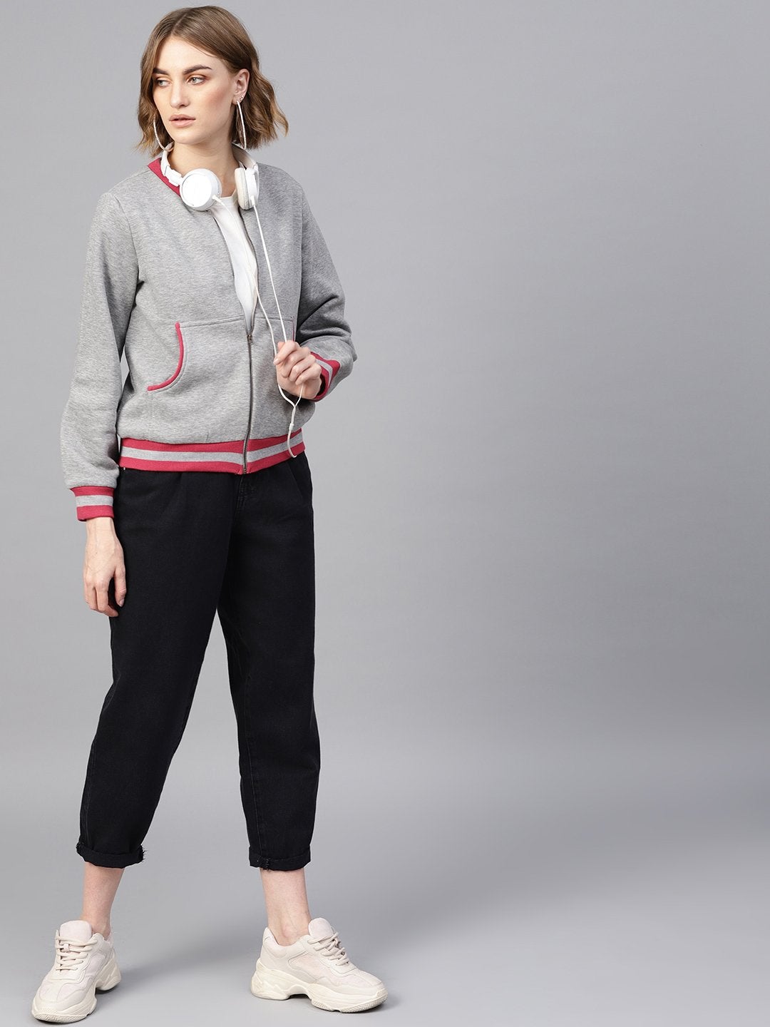 Women's Grey Kangaroo Pocket Bomber Jacket - SASSAFRAS