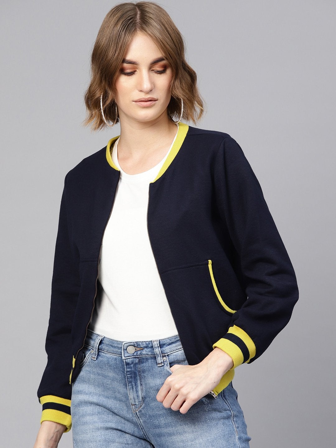 Women's Navy Kangaroo Pocket Bomber Jacket - SASSAFRAS