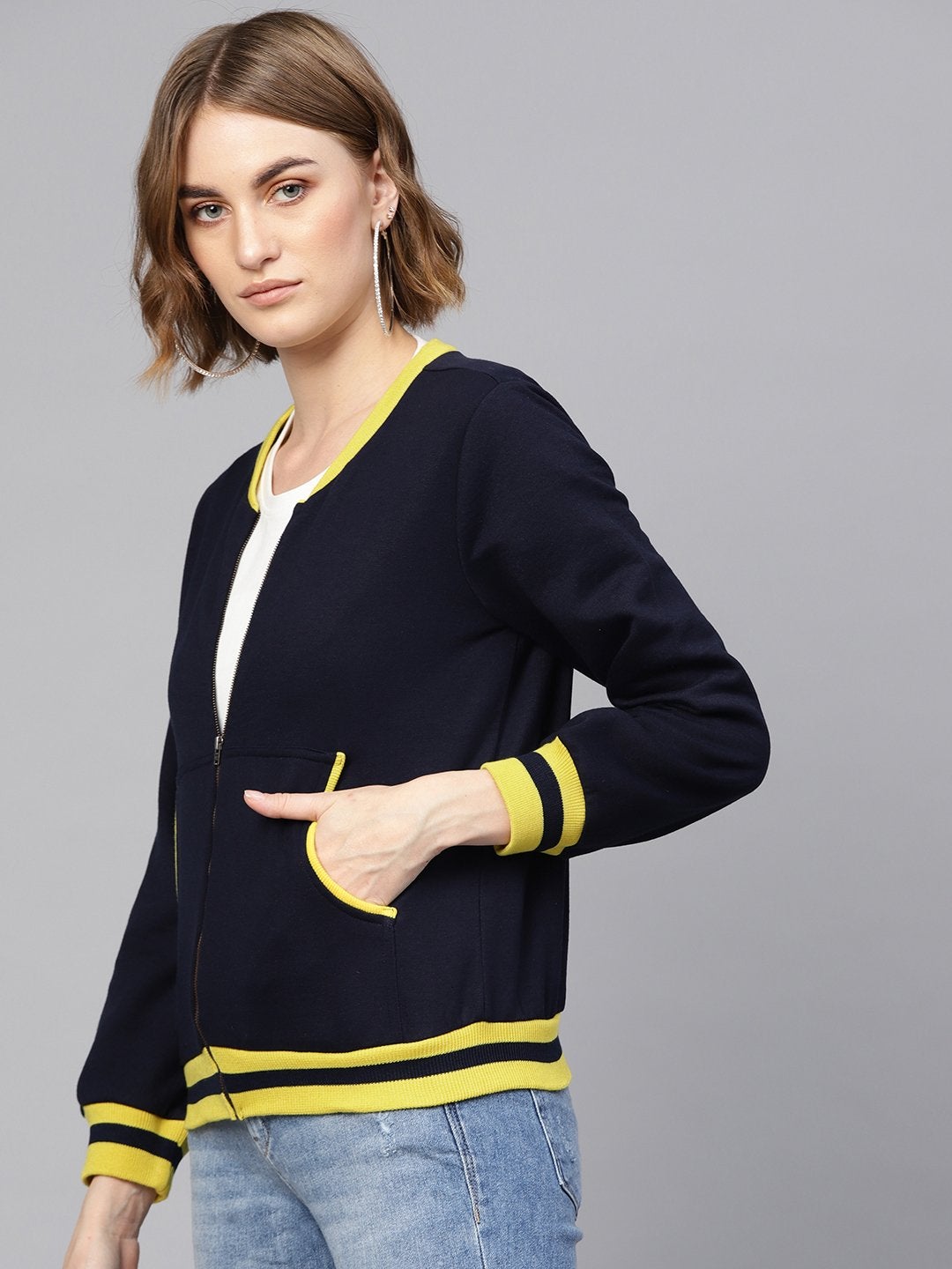 Women's Navy Kangaroo Pocket Bomber Jacket - SASSAFRAS