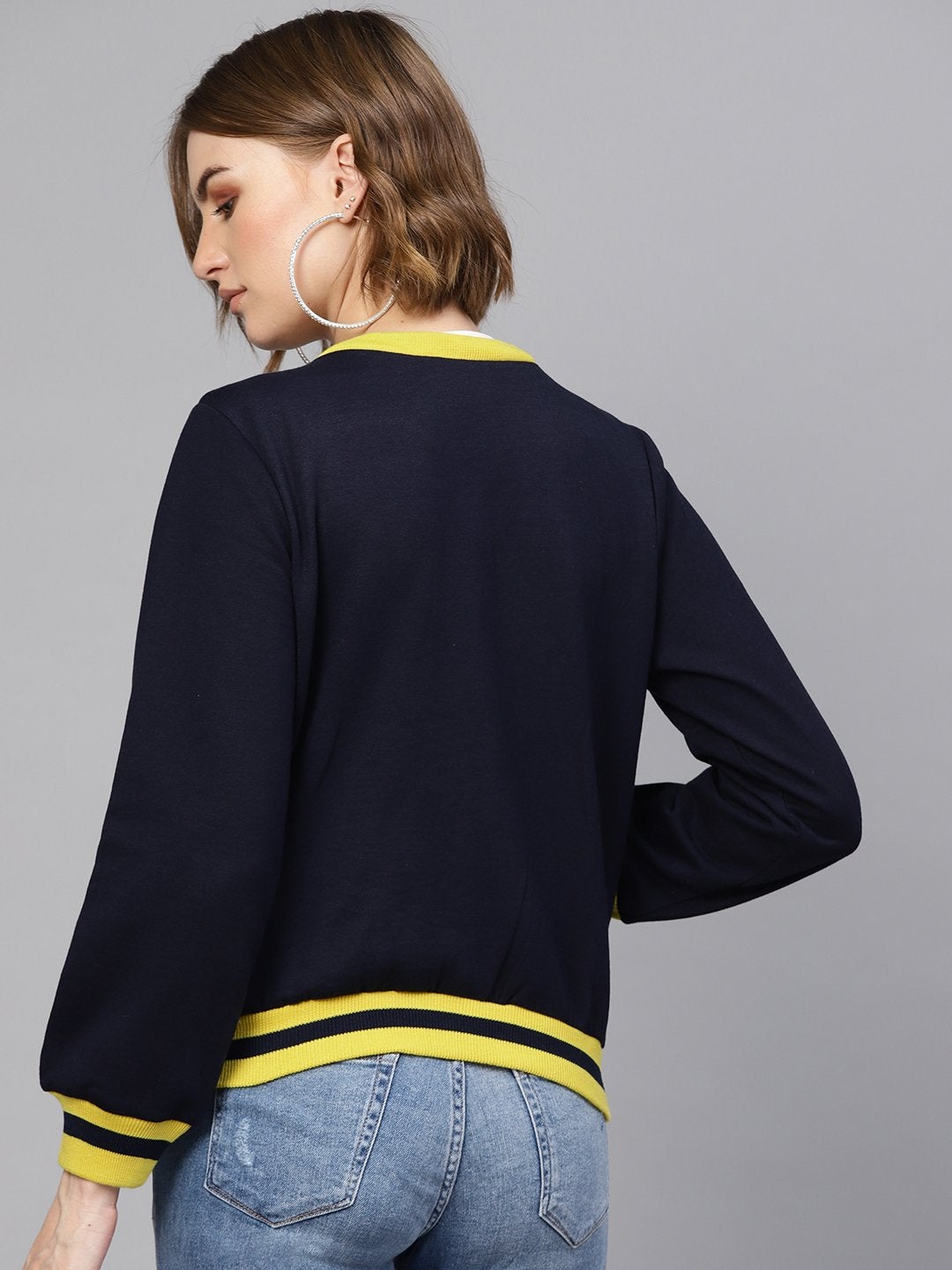 Women's Navy Kangaroo Pocket Bomber Jacket - SASSAFRAS