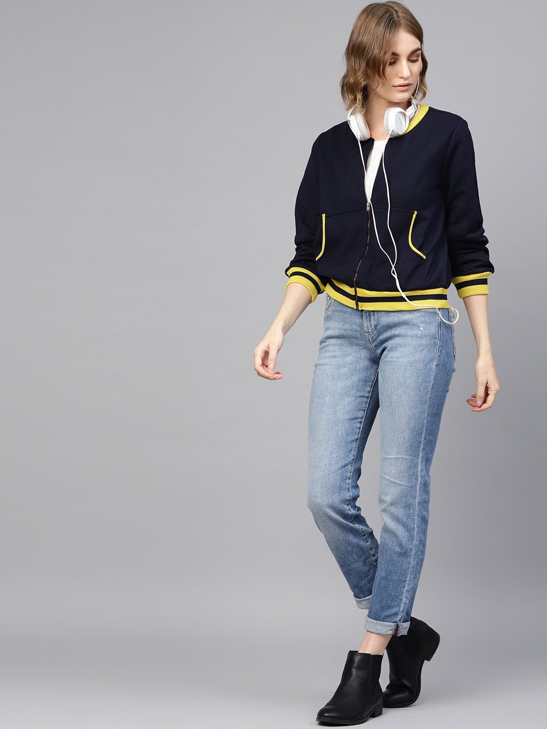 Women's Navy Kangaroo Pocket Bomber Jacket - SASSAFRAS