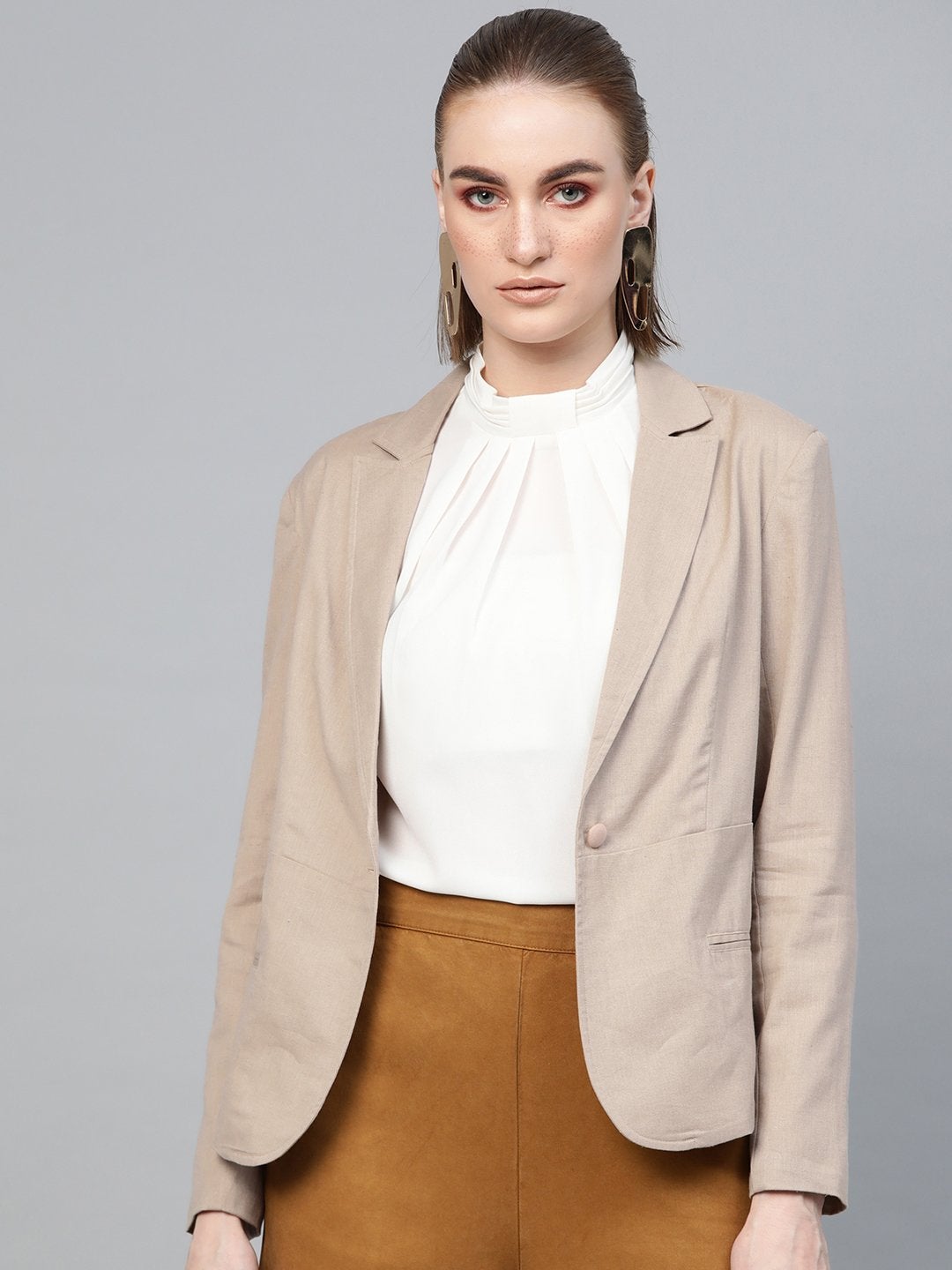 Women's Beige Cotton Linen Blazer - SASSAFRAS