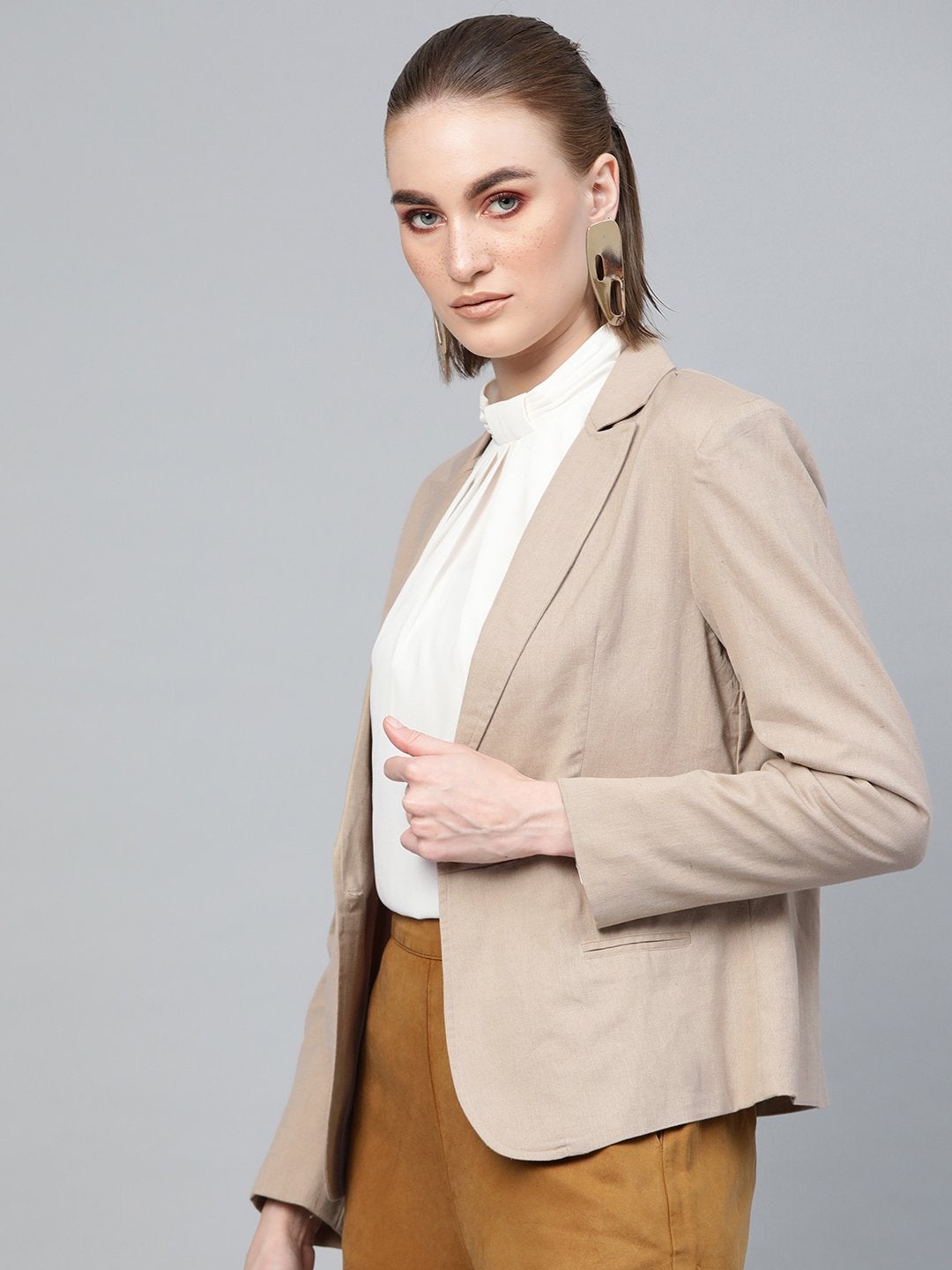 Women's Beige Cotton Linen Blazer - SASSAFRAS