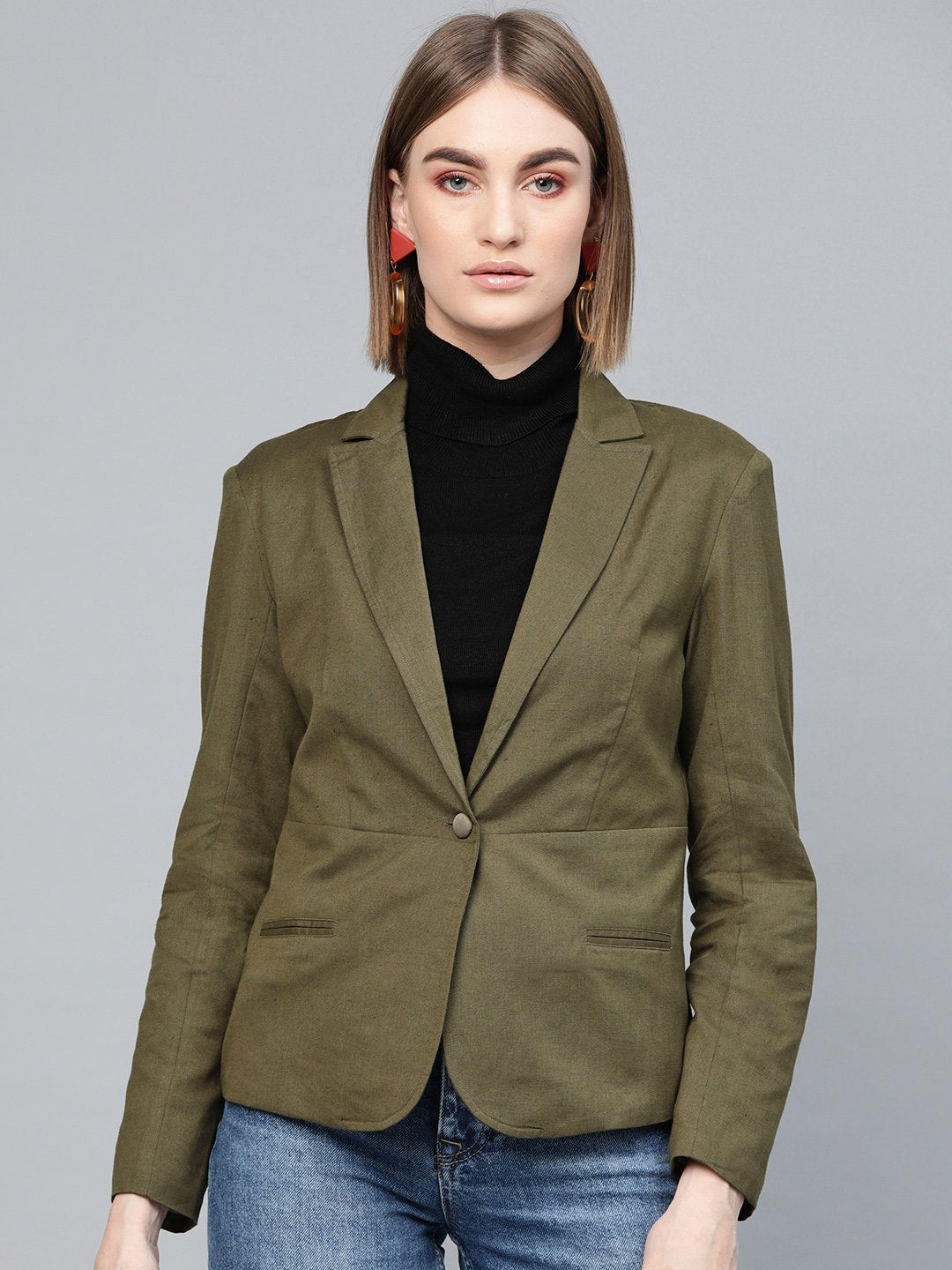 Women's Olive Cotton Linen Blazer - SASSAFRAS