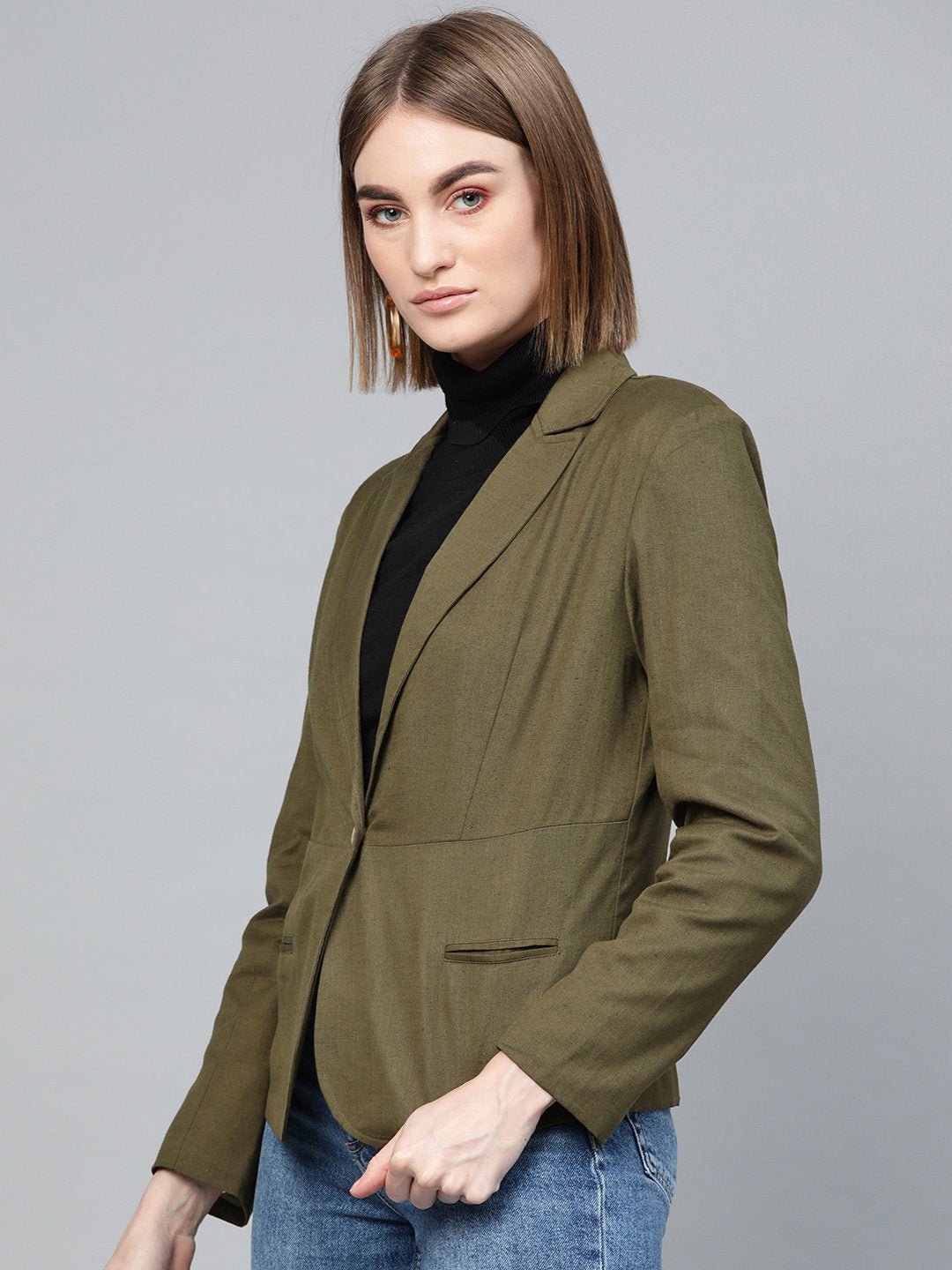 Women's Olive Cotton Linen Blazer - SASSAFRAS