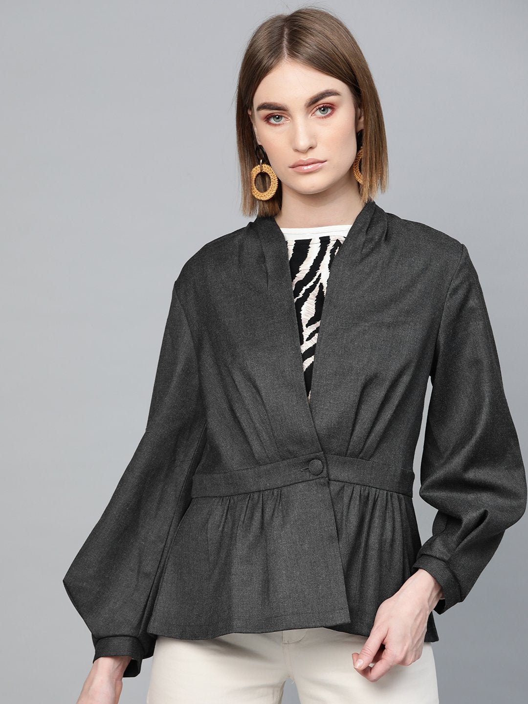 Women's Dark Grey Peplum Balloon Sleeve Blazer - SASSAFRAS