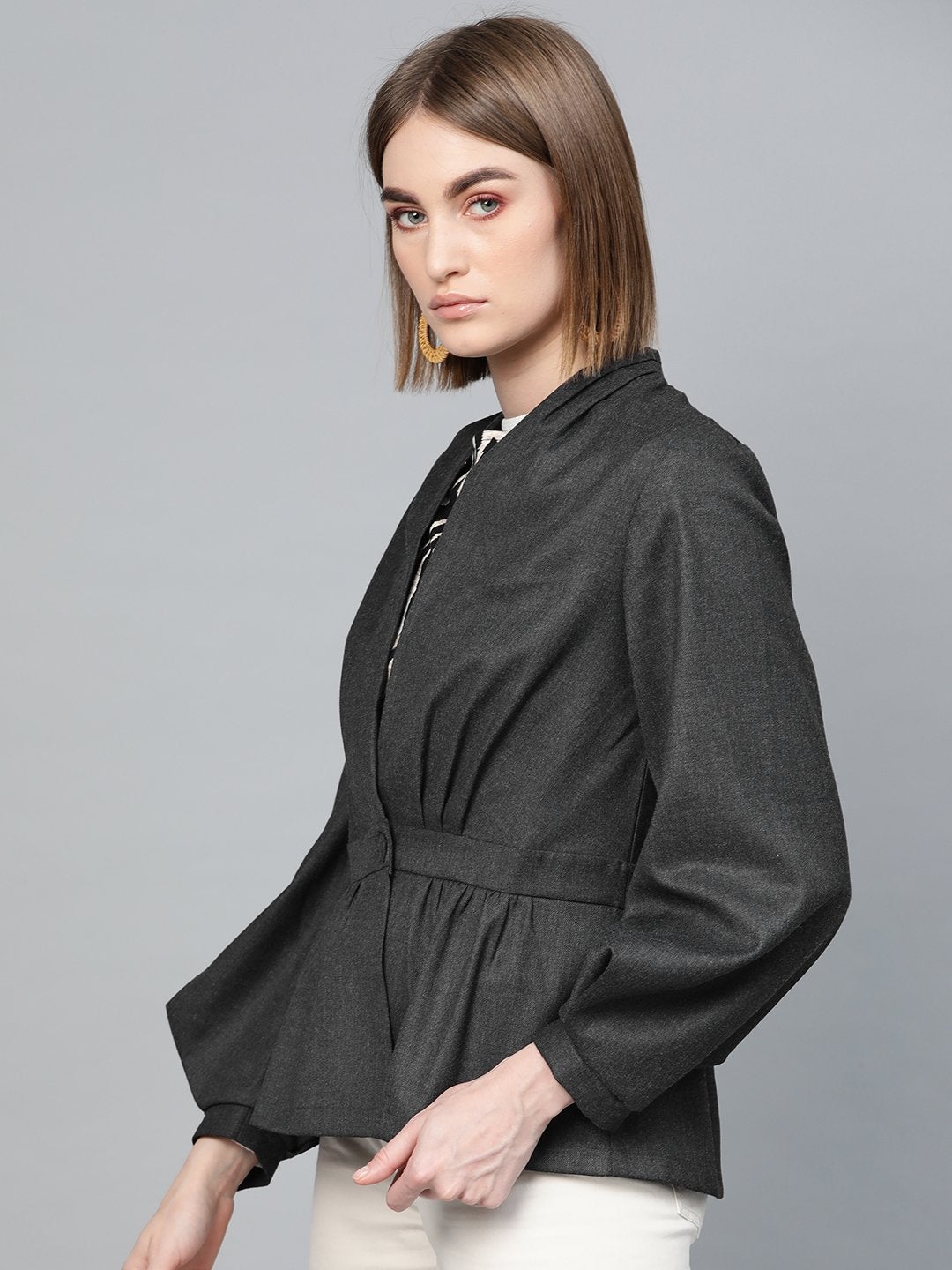 Women's Dark Grey Peplum Balloon Sleeve Blazer - SASSAFRAS