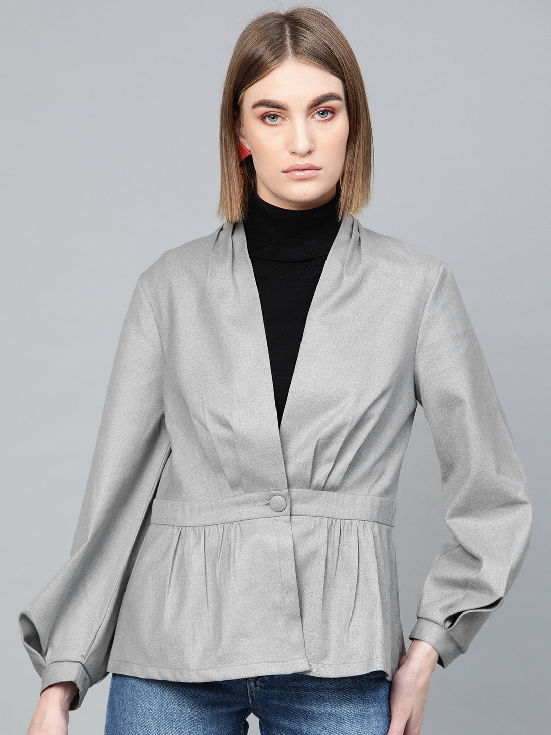 Women's Light Grey Peplum Balloon Sleeve Blazer - SASSAFRAS