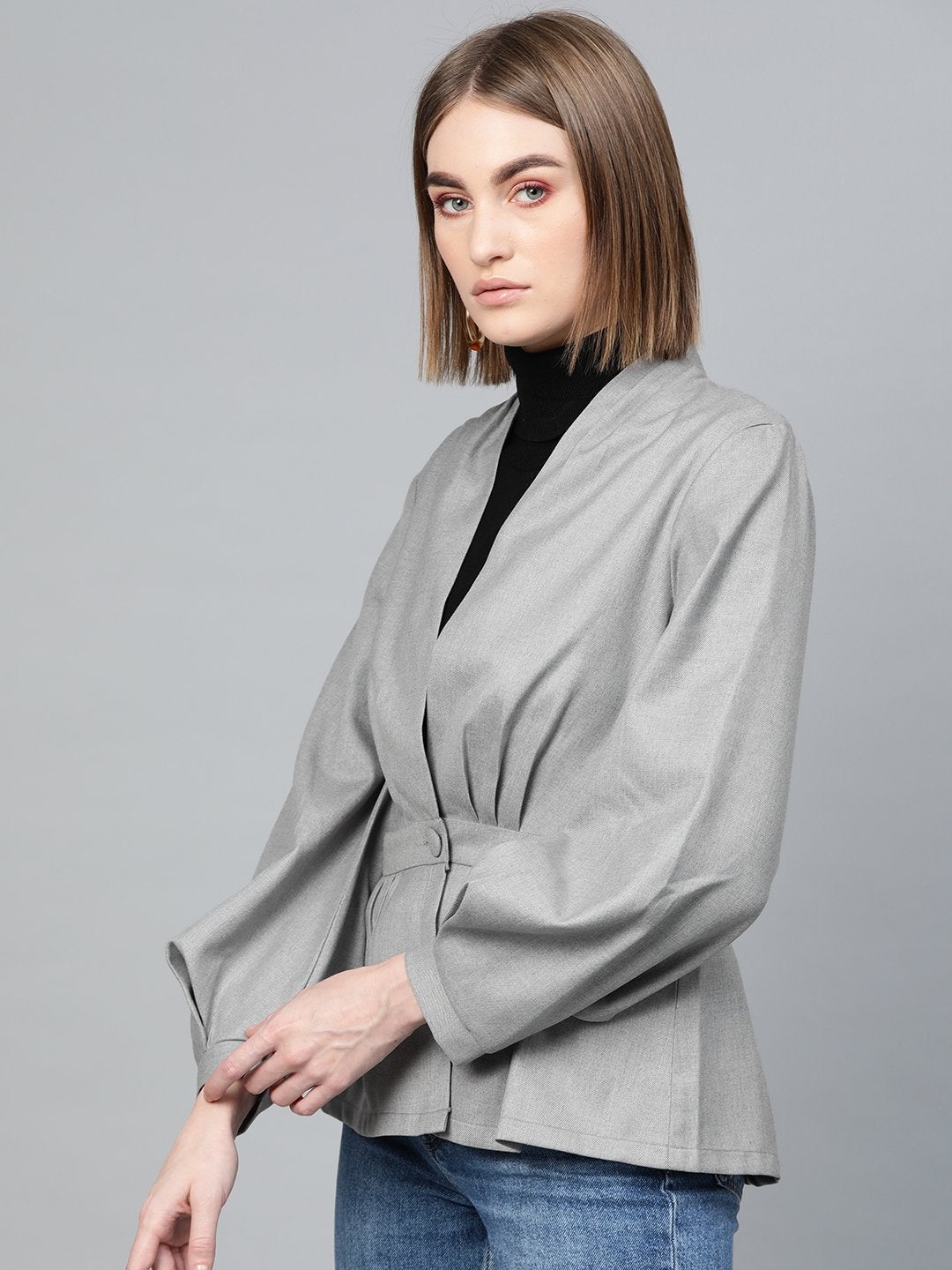 Women's Light Grey Peplum Balloon Sleeve Blazer - SASSAFRAS