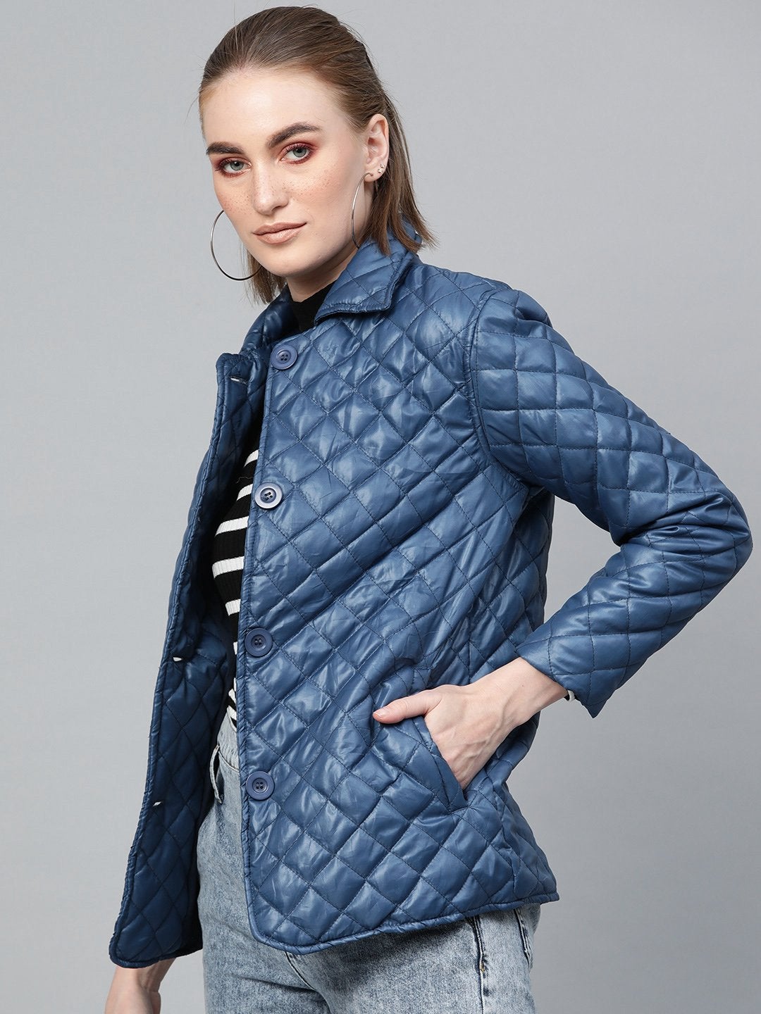 Women's Teal Quilted Collar Button Front Jacket - SASSAFRAS