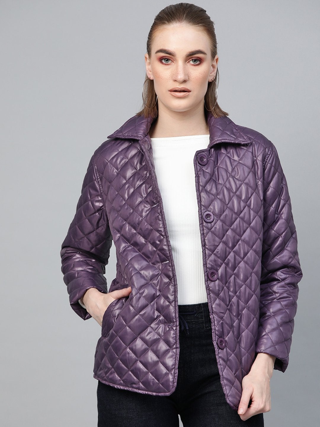 Women's Purple Quilted Collar Button Front Jacket - SASSAFRAS