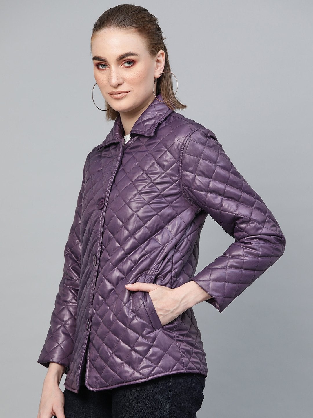 Women's Purple Quilted Collar Button Front Jacket - SASSAFRAS